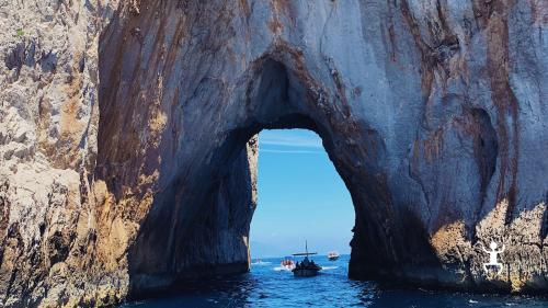 Durante il tour in barca da Sorrento a Capri possibilità di tuffarsi in acque limpide, ideale per gruppi di amici, coppie e avventure in Campania